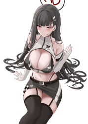Rule 34 | 1girl, absurdres, bare shoulders, belt, bikini, black hair, black thighhighs, blue archive, blunt bangs, blush, breasts, cleavage, commentary request, earpiece, epko, fingerless gloves, garter straps, gloves, hair ornament, hairclip, halo, highleg, highleg bikini, highres, holding, holding tablet pc, korean commentary, large breasts, long hair, looking at viewer, midriff, navel, race queen, red eyes, rio (blue archive), skirt, solo, swimsuit, tablet pc, thighhighs, thighs, turtleneck, very long hair