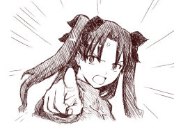Rule 34 | 00s, 1girl, anger vein, bringiton, fate/stay night, fate (series), jas (littlecrime), monochrome, pointing, sketch, solo, tohsaka rin, two side up