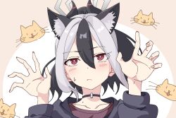 Rule 34 | 1girl, animal ears, animal print, black choker, black hair, black sweater, blue archive, blush, cat ears, cat print, choker, commentary request, demon girl, demon horns, fake animal ears, hair between eyes, halo, hood, hooded sweater, horns, kayoko (blue archive), long hair, long sleeves, looking at viewer, mole, mole on collarbone, momomatang, multicolored hair, paw pose, ponytail, red eyes, sidelocks, simple background, solo, sweatdrop, sweater, two-tone hair, white hair