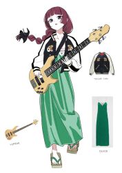 Rule 34 | 1girl, acubi tomaranai, bass guitar, bocchi the rock!, bow, braid, braided ponytail, dress, fang, full body, geta, green dress, hair bow, hiroi kikuri, holding, holding instrument, holding plectrum, instrument, jacket, long dress, long hair, long sleeves, looking at viewer, low ponytail, open mouth, plectrum, prada (brand), product placement, purple eyes, reference inset, simple background, solo, sukajan, toes, white background, yamaha
