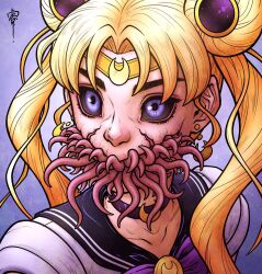 Rule 34 | 1girl, bishoujo senshi sailor moon, black sclera, blonde hair, blue eyes, choker, circlet, colored sclera, commentary, cracked skin, creepy, crescent, crescent earrings, double bun, earrings, english commentary, hair bun, highres, horror (theme), jewelry, meme, monster girl, portrait, purple choker, renedraws, sailor moon, sailor moon redraw challenge (meme), signature, solo, tentacles, tsukino usagi, twintails, what, why
