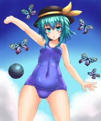 Rule 34 | 1girl, bad id, bad pixiv id, ball, bug, butterfly, covered navel, female focus, green eyes, green hair, hat, bug, komeiji koishi, matching hair/eyes, one-piece swimsuit, school swimsuit, short hair, solo, sumapan, swimsuit, touhou