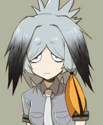 Rule 34 | 10s, 1girl, :|, alternate hairstyle, closed mouth, eyelashes, gradient hair, grey background, head wings, inumoto, kemono friends, looking at viewer, multicolored hair, necktie, portrait, shoebill (kemono friends), short hair, short sleeves, simple background, solo, upper body, wings