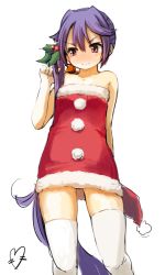 Rule 34 | 10s, 1girl, akebono (kancolle), arm behind back, bare shoulders, blush, christmas, cowboy shot, hair between eyes, hair ornament, hat, unworn hat, unworn headwear, highres, holly, kantai collection, long hair, momo (higanbana and girl), pom pom (clothes), purple eyes, purple hair, santa costume, santa hat, signature, simple background, solo, strapless, thighhighs, very long hair, wavy mouth, white background, white thighhighs