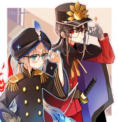 Rule 34 | 2boys, aqua eyes, black hair, blonde hair, cape, captain nemo (fate), epaulettes, fate/grand order, fate (series), glasses, gloves, hat, hat feather, highres, katana, low ponytail, low twintails, male focus, multiple boys, nemo (fate), oda nobukatsu (fate), red eyes, sword, turban, twintails, twitter username, weapon, white gloves, yui (tamagohan)