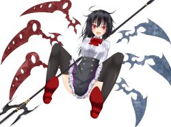 Rule 34 | 1girl, alternate costume, asymmetrical hair, asymmetrical wings, black hair, black skirt, black thighhighs, bow, bowtie, breasts, dress shirt, gmot, houjuu nue, large breasts, long sleeves, meme attire, open mouth, polearm, red eyes, shirt, skirt, solo, spread legs, thighhighs, touhou, trident, underbust, virgin killer outfit, weapon, white background, wings