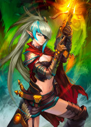 Rule 34 | 1girl, armor, arrow (projectile), belt, bikini armor, blue hair, blunt bangs, bow (weapon), breasts, cape, cleavage, crossbow, elf, eyepatch, highres, infernal explorer, long hair, magnus ignis, midriff, multicolored hair, navel, official art, patipat asavasena, pointy ears, ponytail, quiver, shorts, silver hair, solo, thighhighs, two-tone hair, very long hair, weapon, yellow eyes
