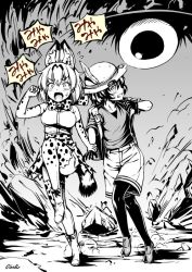 Rule 34 | 2girls, animal ears, backpack, bag, black gloves, boots, bow, bowtie, cellien (kemono friends), clenched teeth, commentary, elbow gloves, fang, gloves, greyscale, hat, hat feather, holding another&#039;s wrist, kaban (kemono friends), kemono friends, pantyhose under shorts, looking back, monochrome, multiple girls, noise (tsuzuki), open mouth, pantyhose, print gloves, print legwear, print neckwear, print skirt, rock, running, serval (kemono friends), serval print, serval tail, shirt, short hair, short sleeves, shorts, signature, skirt, sleeveless, sleeveless shirt, sweatdrop, tail, teeth, thighhighs, v-shaped eyebrows