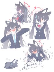 Rule 34 | &gt; &lt;, 1girl, absurdres, afterimage, animal ears, animalization, black cat, black hair, blue archive, blush, cat, cat ears, closed eyes, collage, embarrassed, halo, heart, heart hands, highres, korean text, long hair, looking at viewer, multiple views, nyan, school uniform, serika (blue archive), shouting, simple background, smsm516, twintails, very long hair, white background