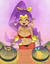 Rule 34 | 1girl, animated, bouncing breasts, breasts, cleavage, cooking, closed eyes, minuspal, purple hair, shantae, shantae (series), smile, solo