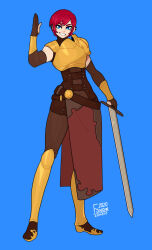 Rule 34 | 1girl, armor, belt, blue background, blue eyes, breastplate, dated, fsnowzombie, full body, gloves, holding, holding weapon, looking at viewer, mole, mole under mouth, original, pants, piercing, red hair, short hair, shoulder armor, signature, simple background, solo, sword, weapon
