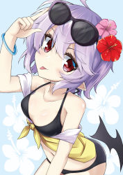 Rule 34 | 1girl, adjusting eyewear, akisome hatsuka, bare shoulders, bikini, black bikini, blue background, blush, bracelet, collarbone, commentary request, dutch angle, eyewear on head, floral background, flower, hair flower, hair ornament, jewelry, looking at viewer, pointy ears, purple hair, red eyes, remilia scarlet, short hair, solo, sunglasses, swimsuit, tongue, touhou