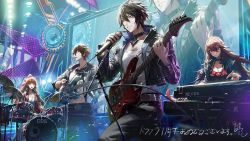 Rule 34 | 2boys, 2girls, anniversary, bass guitar, black choker, black hair, black jacket, breasts, brown hair, character request, choker, cleavage, code: dragon blood, guitar, hair behind ear, highres, holding, holding microphone, instrument, jacket, keyboard (instrument), leather, leather jacket, long hair, medium breasts, microphone, modare, multiple boys, multiple girls, music, open mouth, parted lips, playing instrument, ponytail, red jacket, shirt, white shirt, yellow eyes