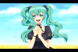 Rule 34 | 1girl, aqua eyes, choker, dress, gallows bell (vocaloid), green hair, own hands clasped, hatsune miku, letterboxed, long hair, own hands together, scrunchie, smile, solo, twintails, vocaloid, yunca, yunka