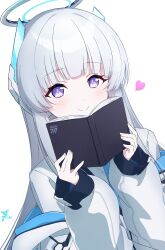 Rule 34 | 1girl, absurdres, blue archive, book, commentary, halo, heart, highres, holding, holding book, jacket, long hair, long sleeves, makicha (sasurainopink), making-of available, mechanical halo, noa (blue archive), off shoulder, purple eyes, revision, shirt, smile, solo, white hair, white jacket, white shirt