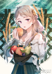 Rule 34 | 1girl, apple, blonde hair, blush, breasts, character request, cleavage, collarbone, copyright request, dress, eating, fence, food, fruit, hair bun, half updo, highres, holding, holding food, holding fruit, light rays, looking at viewer, medium breasts, off-shoulder dress, off shoulder, official art, okeno kamoku, open mouth, outdoors, pear, purple eyes, solo, sunlight, tree, upper body, wheat