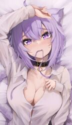 Rule 34 | animal ears, blush, breasts, cat ears, cleavage, collarbone, highres, hololive, large breasts, mouth hold, nekomata okayu, partially unbuttoned, purple eyes, purple hair, ribbon, ribbon in mouth, samu (sam deg369), shirt, upper body, virtual youtuber, white shirt