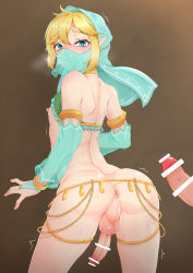 Rule 34 | 2boys, anus, arched back, ass, back, bar censor, blonde hair, blue eyes, blush, bridal gauntlets, c take0141, censored, crossdressing, detached sleeves, erection, from behind, gerudo set (zelda), hair between eyes, highres, imminent anal, imminent penetration, link, multiple boys, multiple penises, nintendo, nipples, penis, perineum, pointy ears, sidelocks, standing, sweat, testicles, the legend of zelda, the legend of zelda: breath of the wild, trap, trembling, veil, yaoi