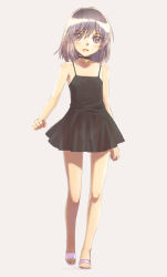Rule 34 | 1girl, bare shoulders, choker, dress, female focus, flat chest, full body, highres, jewelry, legs, necklace, nyaou, purple eyes, purple hair, see-through, simple background, solo, tukisima, walking