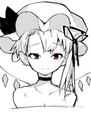Rule 34 | 1girl, bare shoulders, black choker, choker, commentary request, cropped torso, earrings, flandre scarlet, hat, hat ribbon, highres, jewelry, looking at viewer, mob cap, monochrome, portrait, red eyes, ribbon, short hair, side ponytail, simple background, smile, solo, spot color, touhou, uumi hinata, white background, white hat, wings
