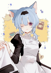 Rule 34 | 1girl, absurdres, alternate costume, animal ear fluff, animal ears, apron, black dress, black hairband, blue hair, closed mouth, collared dress, cup, dress, enmaided, eula (genshin impact), frilled hairband, frills, frown, genshin impact, hairband, highres, juliet sleeves, kemonomimi mode, long sleeves, looking at viewer, maid, maid apron, medium hair, one eye closed, puffy sleeves, purple eyes, sleeve cuffs, solo, teacup, teapot, upper body, white apron, wkwk0217