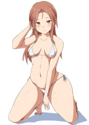 Rule 34 | 1girl, bikini, blush, breasts, breasts apart, cleavage, closed mouth, collarbone, full body, long hair, looking at viewer, medium breasts, minna-dietlinde wilcke, navel, red eyes, red hair, sankakukin gear, shiny skin, side-tie bikini bottom, simple background, smile, solo, strike witches, swimsuit, white background, white bikini, world witches series