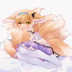 Rule 34 | 1girl, absurdres, animal ears, arknights, bare shoulders, bed sheet, blonde hair, blush, braid, braided hair rings, closed mouth, commentary, fox ears, fox girl, fox tail, frilled skirt, frills, full body, grey background, hair between eyes, hair rings, highres, kitsune, long sleeves, looking at viewer, material growth, no shoes, oripathy lesion (arknights), pantyhose, purple skirt, shirt, simple background, skirt, smile, solo, suzuran (arknights), tail, takumi mizuki, torn clothes, torn pantyhose, twin braids, white pantyhose, white shirt, yellow eyes