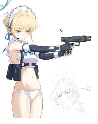 Rule 34 | 1girl, absurdres, bare shoulders, black gloves, blonde hair, blue archive, blue eyes, breasts, commentary, double v, earpiece, elbow gloves, fingerless gloves, frills, glock, gloves, gun, handgun, hat, highres, holding, holding gun, holding weapon, injury, maid headdress, medium breasts, mob cap, multiple views, navel, nnn051821, panties, shell casing, simple background, toki (blue archive), torn clothes, torn gloves, underwear, v, weapon, white background, white panties