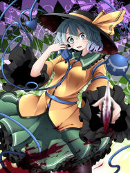 Rule 34 | + +, 1girl, aiming, aiming at viewer, black pantyhose, blood, blood on clothes, bloody knife, commentary request, hat, hat ribbon, highres, knife, komeiji koishi, long sleeves, mary-san, open mouth, pantyhose, parody, phone, ribbon, rihito (usazukin), shirt, skirt, solo, third eye, touhou, wide sleeves