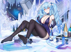 Rule 34 | 1girl, absurdres, black thighhighs, blue dress, blue gloves, blue hair, blush, bottle, breasts, center opening, cleavage, crossed bangs, dress, elbow gloves, feet, full body, gloves, hair between eyes, half-closed eyes, highres, hololive, large breasts, legs, long hair, no shoes, parted lips, sherryqq, sitting, soles, solo, thighhighs, toe socks, toes, tray, twintails, very long hair, virtual youtuber, yellow eyes, yukihana lamy