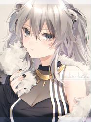 Rule 34 | 1girl, absurdres, animal ears, bare shoulders, blush, breasts, character name, cleavage, earrings, fur-trimmed jacket, fur trim, grey eyes, grey hair, hair between eyes, hand up, harui (hr x9 ), highres, hololive, jacket, jewelry, large breasts, lion ears, lion girl, long hair, looking at viewer, nail polish, necklace, see-through, see-through cleavage, shirt, shishiro botan, shishiro botan (1st costume), sleeveless, sleeveless shirt, sleeves past wrists, solo, virtual youtuber