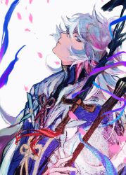 Rule 34 | 1boy, falling petals, fate/grand order, fate (series), flower knot, highres, holding, holding staff, looking at viewer, male focus, merlin (fate), parted lips, petals, purple eyes, robe, sangzhujun, simple background, solo, staff, upper body, white background, white hair, white robe