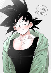 Rule 34 | 1boy, absurdres, bara, black hair, black tank top, blush, closed mouth, dated, dragon ball, dragon ball super, green shirt, highres, large pectorals, male focus, muscular, muscular male, open clothes, open shirt, pectorals, saiyan, shipa, shirt, short hair, smile, solo, son goku, spiked hair, tank top, upper body