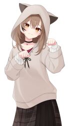 Rule 34 | 1girl, absurdres, animal hood, berry, black choker, brown eyes, brown hair, brown hoodie, brown skirt, choker, crossed bangs, earrings, ears through headwear, eimon, fingernails, food-themed earrings, highres, hololive, hololive english, hood, hood up, hoodie, jewelry, long hair, long skirt, looking at viewer, multicolored hair, nanashi mumei, nanashi mumei (casual), necklace, official alternate costume, oversized clothes, paw pose, plaid, plaid skirt, pleated skirt, red shirt, runes, shirt, skirt, sleeves past wrists, smile, solo, streaked hair, sweater, virtual youtuber, white sweater