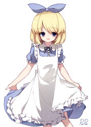 Rule 34 | 1girl, absurdres, alice (black souls), apron, black ribbon, black souls, blonde hair, blue dress, blue ribbon, buttons, clothes lift, collared dress, dress, dress lift, flat chest, frilled apron, frilled sleeves, frills, hair between eyes, hair ribbon, highres, lifting own clothes, looking at viewer, open mouth, puffy short sleeves, puffy sleeves, pupa jiang, purple eyes, purple pupils, ribbon, short hair, short sleeves, simple background, solo, white apron, white background