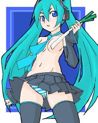 Rule 34 | hatsune miku, long hair, lowres, oekaki, panties, solo, spring onion, striped clothes, striped panties, thighhighs, topless, twintails, underwear, very long hair, vocaloid