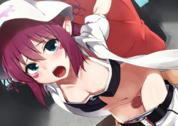 Rule 34 | arm grab, bent over, blush, flat chest, green eyes, hat, merry nightmare, open mouth, penis, purple hair, thigh sex, thighs, yumekui merry