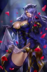 Rule 34 | 1girl, armor, armored dress, breasts, bursting breasts, camilla (fire emblem), cleavage, eu03, fire emblem, fire emblem fates, gloves, hair over one eye, highres, huge breasts, impossible clothes, loincloth lift, long hair, micro panties, naughty face, nintendo, open mouth, panties, petals, purple hair, red eyes, see-through, smile, solo, thick thighs, thighhighs, thighs, tiara, underwear, unfinished, very long hair