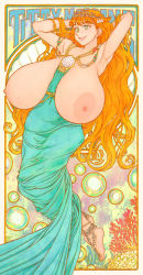 Rule 34 | 1girl, armpits, arms behind head, arms up, art nouveau, barefoot, blonde hair, bracelet, breasts, breasts apart, breasts out, character name, coral, eyeshadow, full body, gigantic breasts, highres, huge breasts, jewelry, large areolae, long hair, looking at viewer, makeup, mole, mole on breast, mole under eye, orange hair, original, outside border, sagging breasts, smile, suzuki ken&#039;ya, tiara, titty morgane
