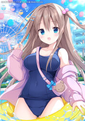 Rule 34 | 1girl, :d, bag, balloon, bare shoulders, blue bow, blue eyes, blue one-piece swimsuit, blue sky, blush, bow, breasts, brown hair, cloud, collarbone, commentary request, covered navel, day, ferris wheel, gluteal fold, hair between eyes, hair bobbles, hair ornament, hairclip, hand up, innertube, izuminanase, jacket, large breasts, long hair, long sleeves, off shoulder, old school swimsuit, one-piece swimsuit, one side up, open clothes, open jacket, open mouth, original, outdoors, pink jacket, puffy long sleeves, puffy sleeves, school swimsuit, shoulder bag, sky, sleeves past wrists, smile, solo, swim ring, swimsuit, swimsuit under clothes, tree, very long hair, water, water drop, water slide