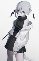 Rule 34 | 1girl, absurdres, black dress, blue eyes, closed mouth, dress, grey hair, highres, jacket, long sleeves, looking at viewer, migihidari (puwako), off shoulder, original, pointy ears, short dress, simple background, solo, standing, tail, tears, white background, white jacket