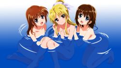 Rule 34 | 3girls, :d, barefoot, bathing, blonde hair, blue eyes, brown hair, closed mouth, collarbone, completely nude, fate testarossa, flat chest, highres, long hair, looking at viewer, lyrical nanoha, mahou shoujo lyrical nanoha, multiple girls, nude, nx-20517, open mouth, partially submerged, ponytail, red eyes, smile, soles, straight hair, takamachi nanoha, very long hair, yagami hayate