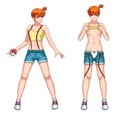 Rule 34 | 1girl, breasts, clothes lift, creatures (company), crop top, game freak, green eyes, lowres, midriff, misty (pokemon), navel, nintendo, nipples, orange hair, panties, pikuretto, pixel art, pokemon, pokemon (anime), pokemon (classic anime), shirt lift, shoes, shorts, side ponytail, small breasts, sneakers, solo, source request, suspenders, tagme, tank top, underwear