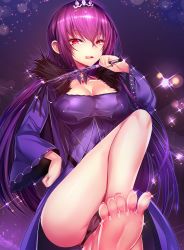 Rule 34 | 1girl, bare legs, barefoot, black panties, blurry, breasts, caster (lostbelt), cleavage, cowboy shot, depth of field, dress, fate/grand order, fate (series), hand on own hip, highres, holding, holding wand, large breasts, light particles, long hair, looking at viewer, panties, purple background, purple dress, purple hair, purple theme, red eyes, scathach (fate), scathach skadi (fate), silly (marinkomoe), solo, sparkle, toes, tongue, underwear, upskirt, wand