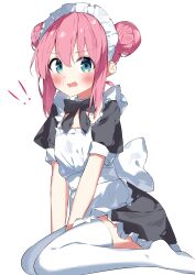 Rule 34 | !, !!, 1girl, absurdres, alternate costume, apron, black dress, blue eyes, blush, bocchi the rock!, commentary request, double bun, dress, enmaided, frilled dress, frills, gotoh hitori, hair between eyes, hair bun, highres, long hair, maid, maid apron, maid headdress, open mouth, pink hair, simple background, solo, suta0822, thighhighs, white apron, white background, white thighhighs