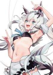 Rule 34 | 1girl, animal ears, apron, arm strap, arm up, armpits, bikini, blue neckerchief, blush, braid, breasts, commentary request, fang, fox ears, fox girl, fox shadow puppet, fox tail, g li, garter belt, green eyes, hair between eyes, highres, hololive, long hair, looking at viewer, maid, maid bikini, maid headdress, navel, neckerchief, open mouth, shirakami fubuki, sidelocks, simple background, single braid, skin fang, small breasts, solo, swimsuit, tail, thighhighs, twintails, unconventional maid, virtual youtuber, waist apron, white background, white hair, white thighhighs