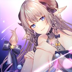 Rule 34 | 1girl, animal ears, bare shoulders, blue bow, blue eyes, blush, bow, braid, brown hair, closed mouth, collarbone, curled horns, hair between eyes, hair bow, hands on own knees, highres, horns, indie virtual youtuber, kitazume kumie, long hair, long sleeves, nanase subaru, nanase subaru (channel), off shoulder, see-through, sheep ears, shooting star, sitting, smile, solo, star (symbol), star in eye, starry background, symbol in eye, tail, upper body, very long hair, virtual youtuber, yellow bow
