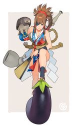 Rule 34 | 1girl, animal on arm, bare shoulders, bird, bird on arm, bracer, brown hair, closed mouth, eggplant, eyepatch, folding fan, gloves, go robots, grey background, hand fan, hawk, highres, holding, holding fan, knee up, leaning forward, looking at viewer, one eye covered, original, pelvic curtain, ponytail, single glove, smile, standing, toenails, wristband, yellow eyes