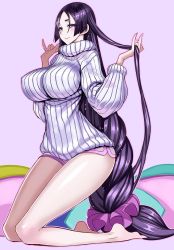 Rule 34 | 1girl, blush, braid, breasts, dolphin shorts, fate/grand order, fate (series), feet, hand in own hair, hands up, hip focus, honjou raita, huge breasts, kneeling, legs, long hair, low-tied long hair, micro shorts, minamoto no raikou (fate), parted bangs, pink shorts, purple eyes, purple hair, ribbed sweater, scrunchie, shorts, smile, solo, sweater, thighs, turtleneck, turtleneck sweater, very long hair, white sweater