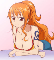 Rule 34 | 1girl, breasts, brown eyes, cleavage, long hair, looking at viewer, nami (one piece), oimanji, one piece, orange hair, ponytail, punk hazard, smile, solo, tattoo